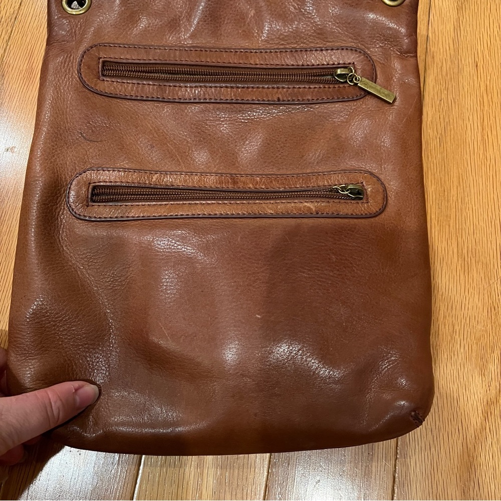Margot Brown Leather Flat Profile Crossbody Bag Double Zipper - Picture 2 of 7